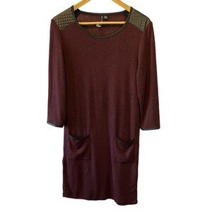 Burgundy Knit Faux Leather Quilted Shoulder Long Sleeve Knit Sweater Dress